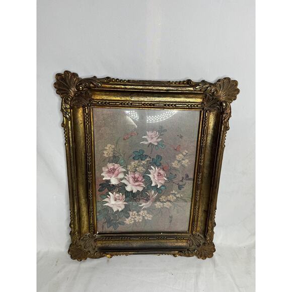 Vintage 1973 Plastic Dart Framed Floral and Butterflies Picture Under Glass - Picture 3 of 9